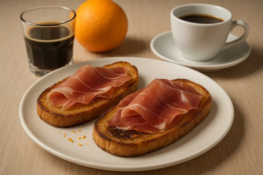 Echar café y naranja sobre la tostada de jamón ibérico de bellota